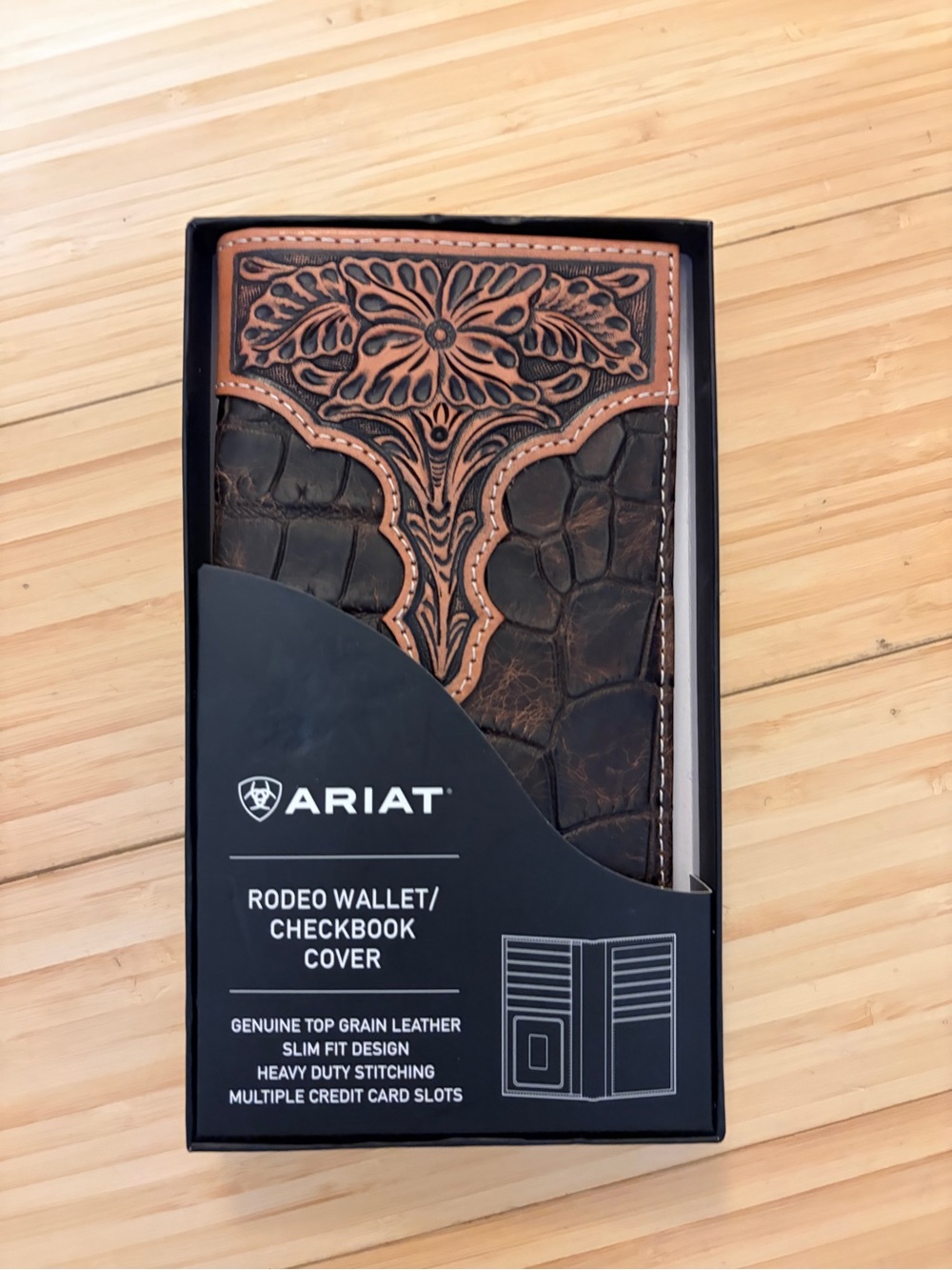 New Ariat Mens Croco Texture Floral Embossed Leather Rodeo Checkbook Wallet